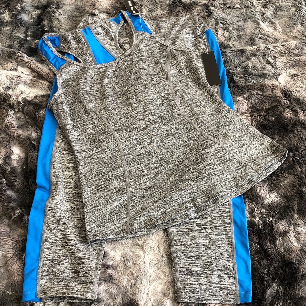 Wild Rose Gray Heather Tank with Bright Blue Side-Panel Leggings